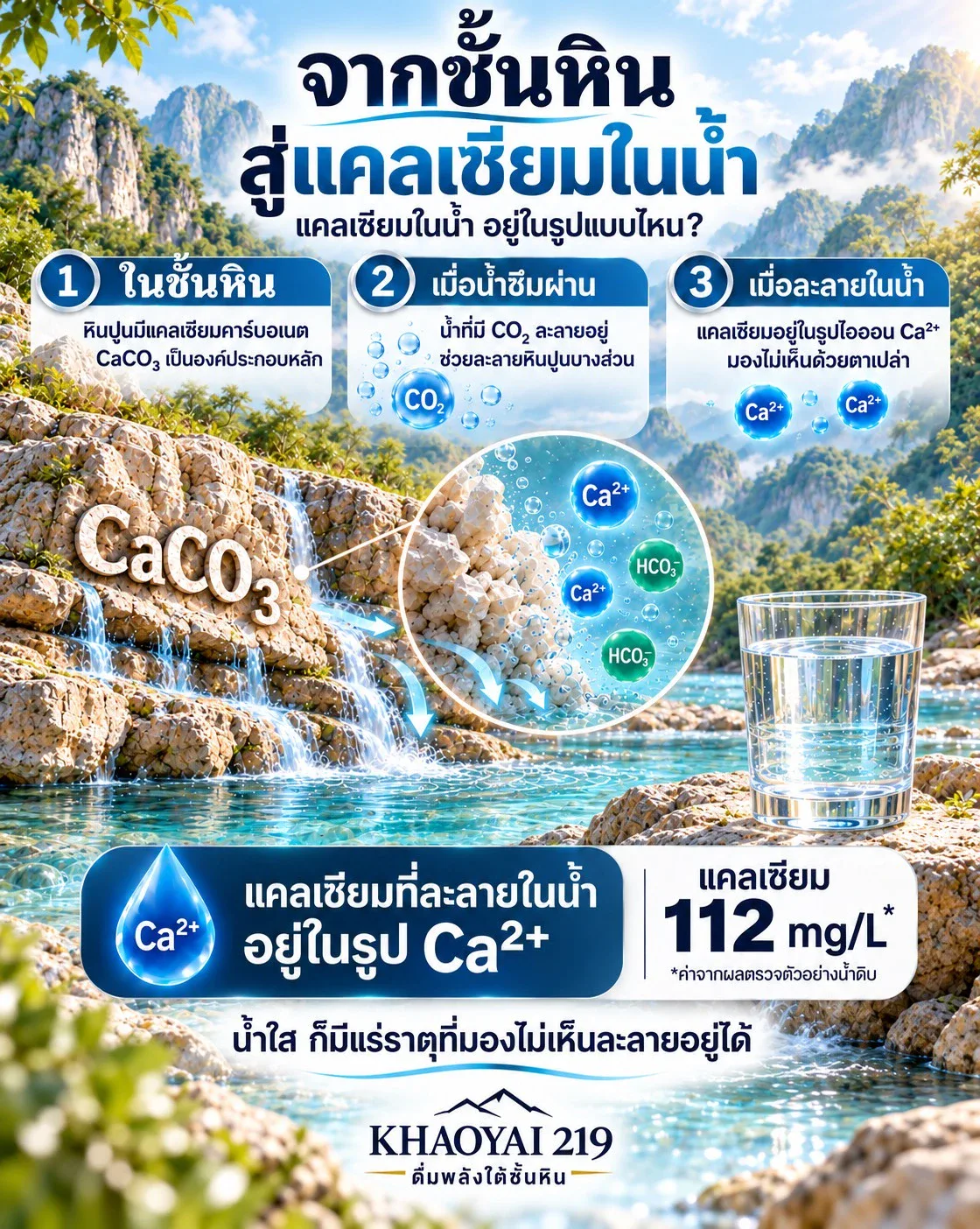 อินโฟกราฟิก จากชั้นหินสู่แคลเซียมในน้ำ หินปูน CaCO₃ น้ำที่มี CO₂ ละลายหินปูนบางส่วน แคลเซียมอยู่ในน้ำในรูปไอออน Ca²⁺ แคลเซียม 112 mg/L