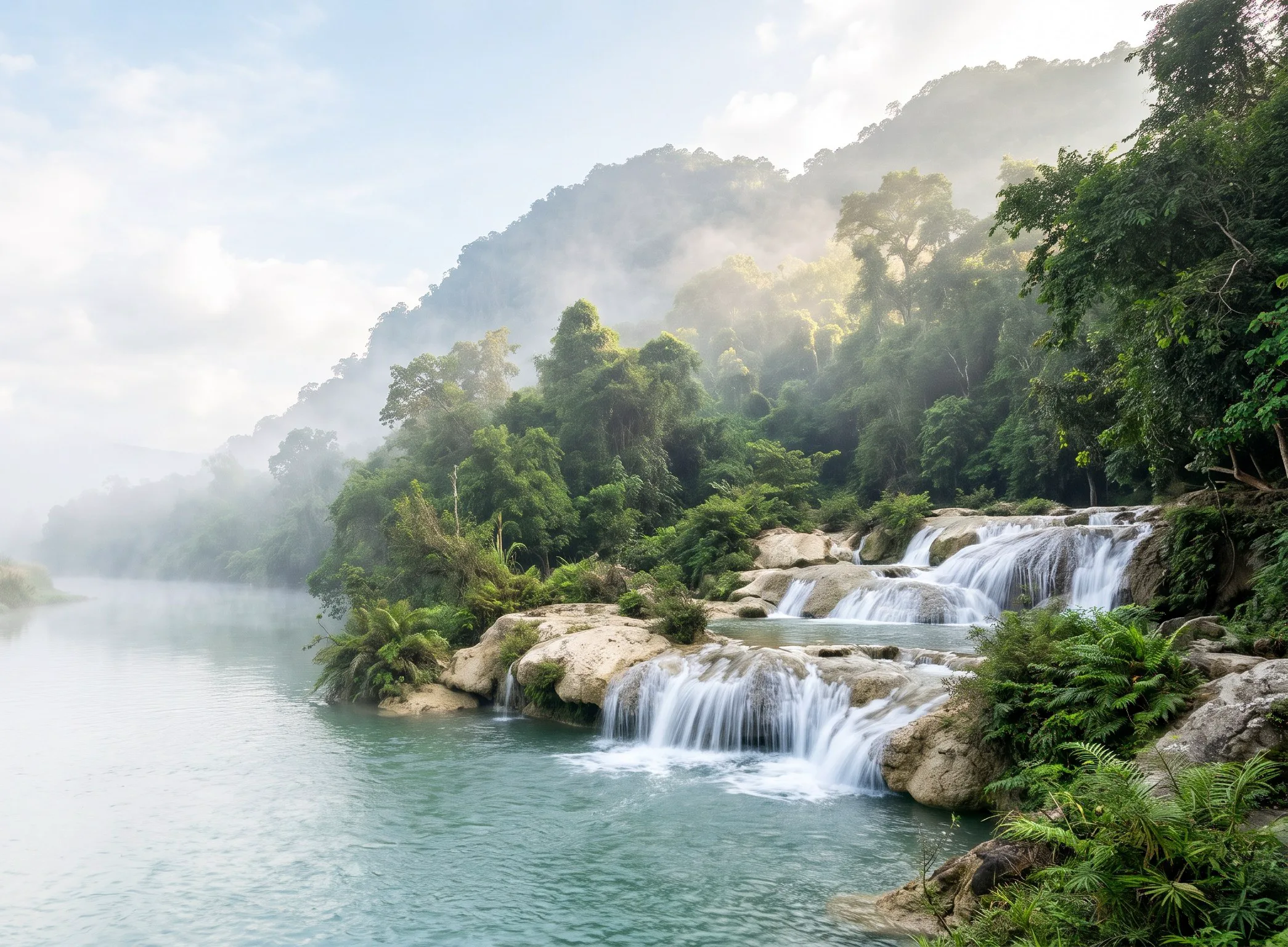 น้ำตกไหลผ่านโขดหินปูนลงแอ่งน้ำใส หน้าภูเขาเขาใหญ่ ภาพจำลองแนวคิด